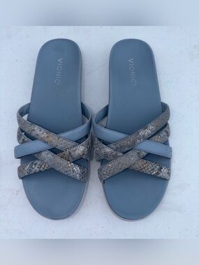 Vionic Women's Slate Blue Crisscross Snake-Print Slide Sandals